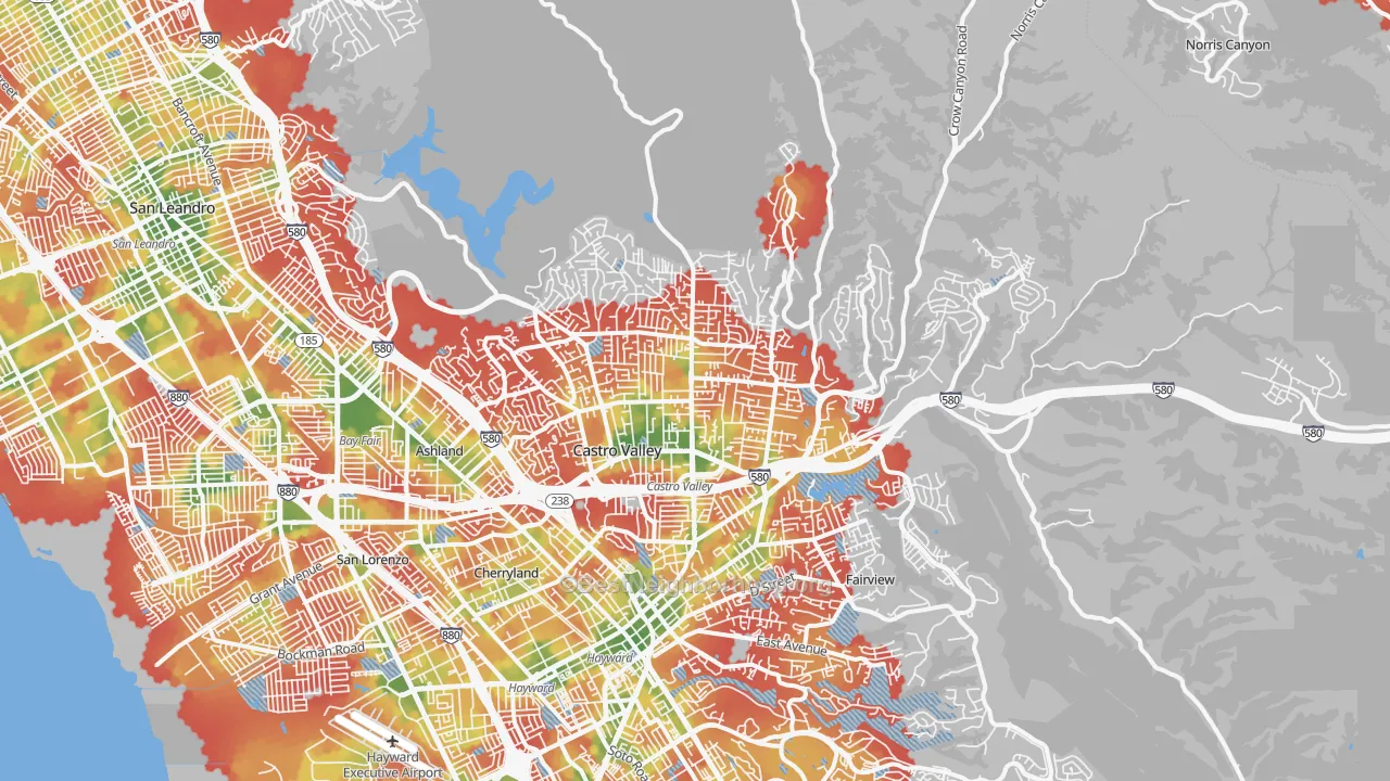 Walk Grade map of Castro Valley, CA, walkable areas in green and car-dependent areas in red
