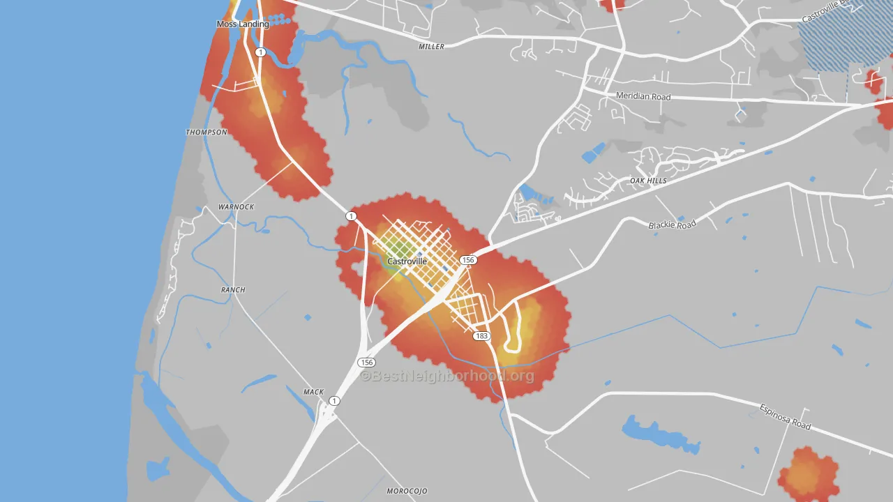 Walk Grade map of Castroville, CA, walkable areas in green and car-dependent areas in red
