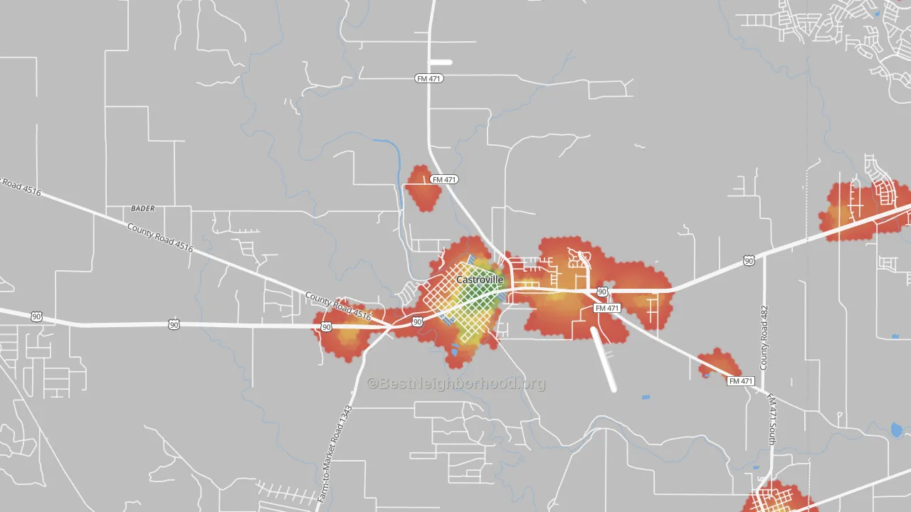 Walk Grade map of Castroville, TX, walkable areas in green and car-dependent areas in red