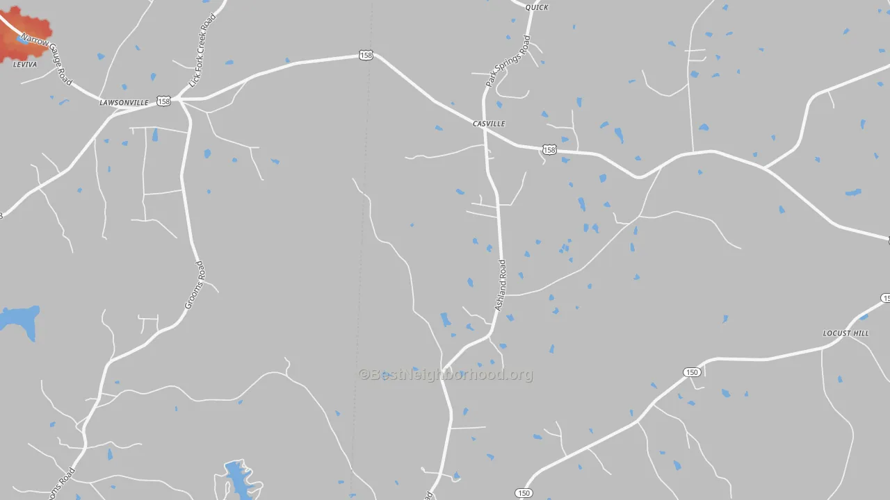 Walk Grade map of Casville, NC, walkable areas in green and car-dependent areas in red