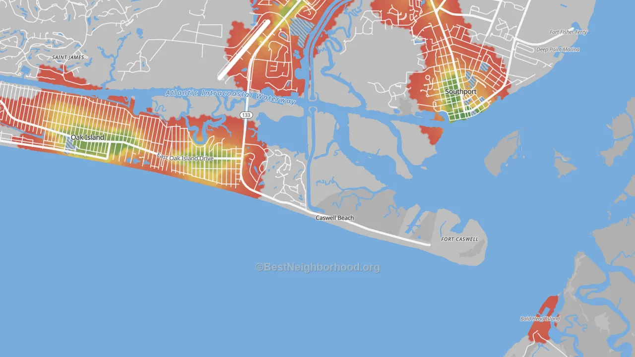 Walk Grade map of Caswell Beach, NC, walkable areas in green and car-dependent areas in red