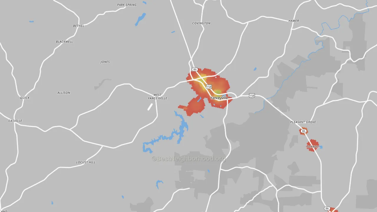 Walk Grade map of Caswell County, NC, walkable areas in green and car-dependent areas in red