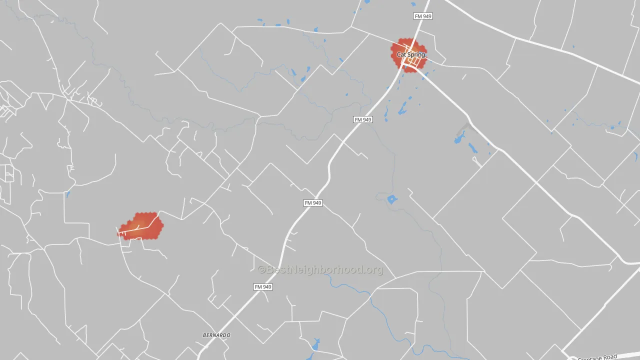 Walk Grade map of Cat Spring, TX, walkable areas in green and car-dependent areas in red