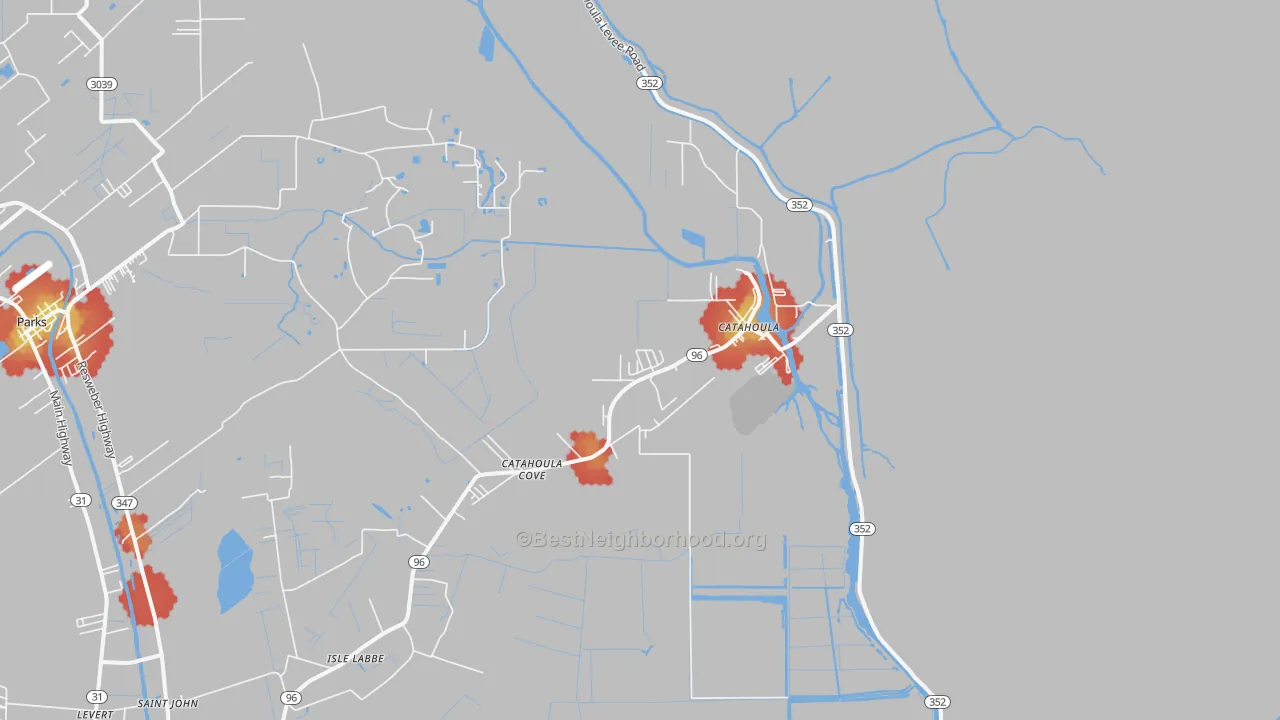 Walk Grade map of Catahoula, LA, walkable areas in green and car-dependent areas in red