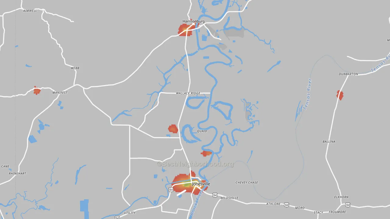 Walk Grade map of Catahoula Parish, LA, walkable areas in green and car-dependent areas in red