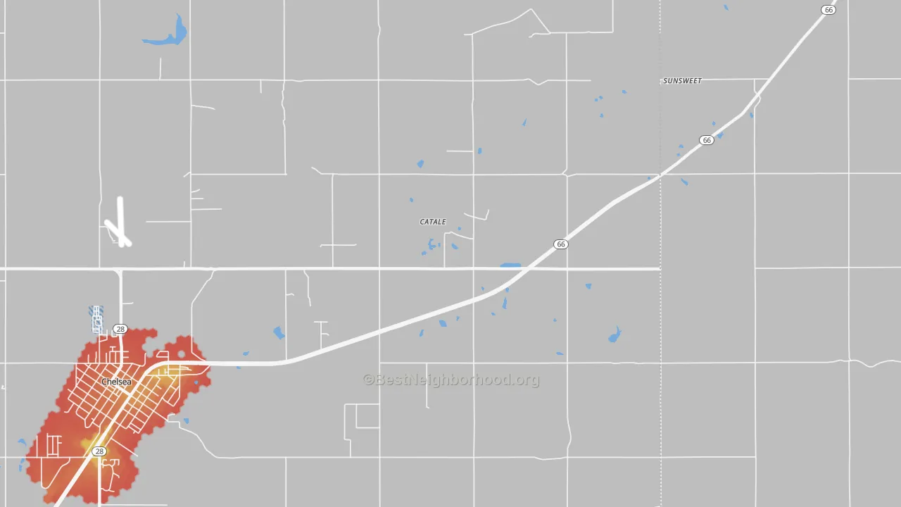 Walk Grade map of Catale, OK, walkable areas in green and car-dependent areas in red