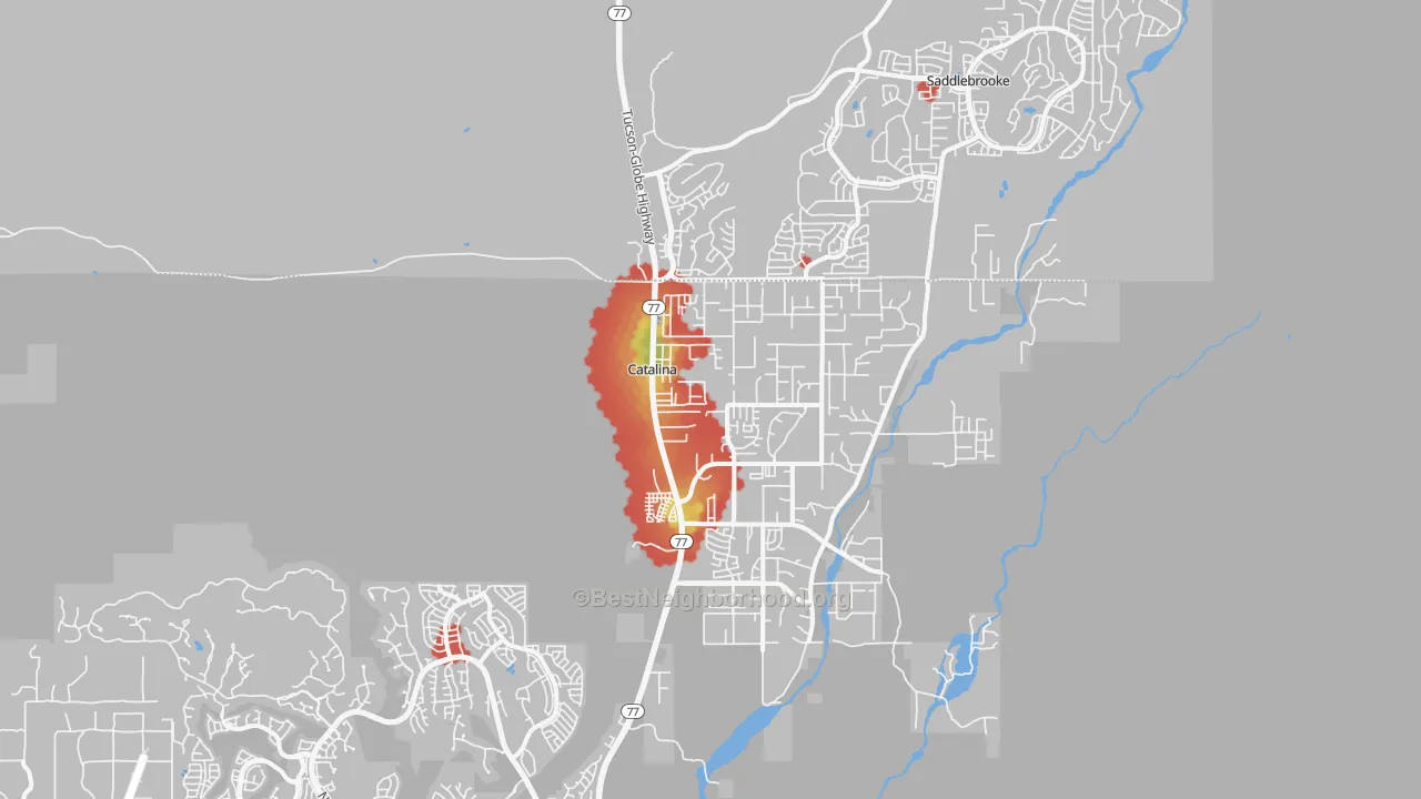 Walk Grade map of Catalina, AZ, walkable areas in green and car-dependent areas in red