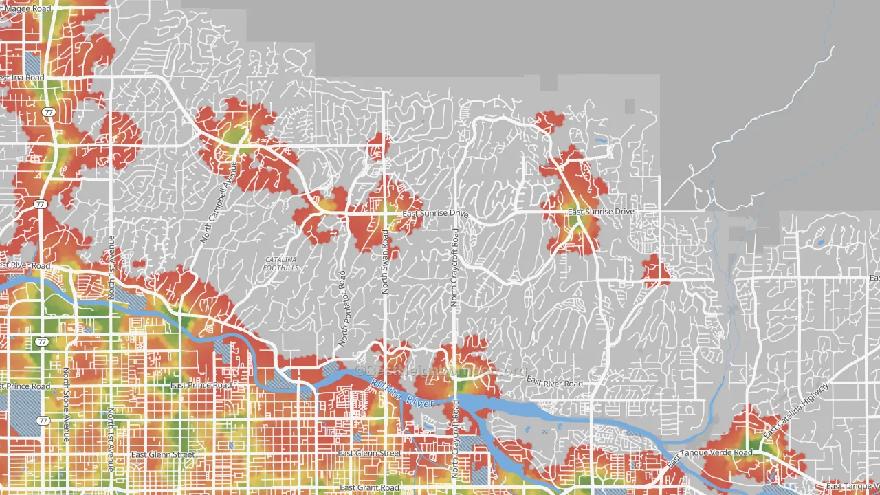 Walk Grade map of Catalina Foothills, AZ, walkable areas in green and car-dependent areas in red