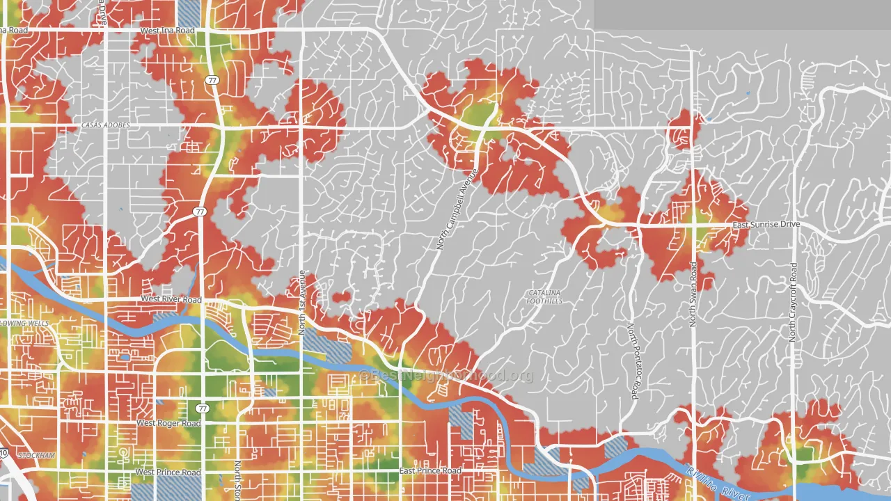Walk Grade map of Catalina Foothills Estates, Catalina Foothills, AZ, walkable areas in green and car-dependent areas in red