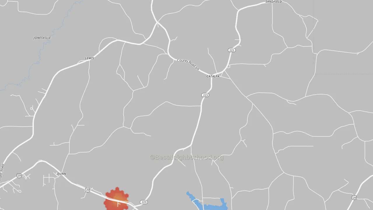 Walk Grade map of Catalpa, AL, walkable areas in green and car-dependent areas in red
