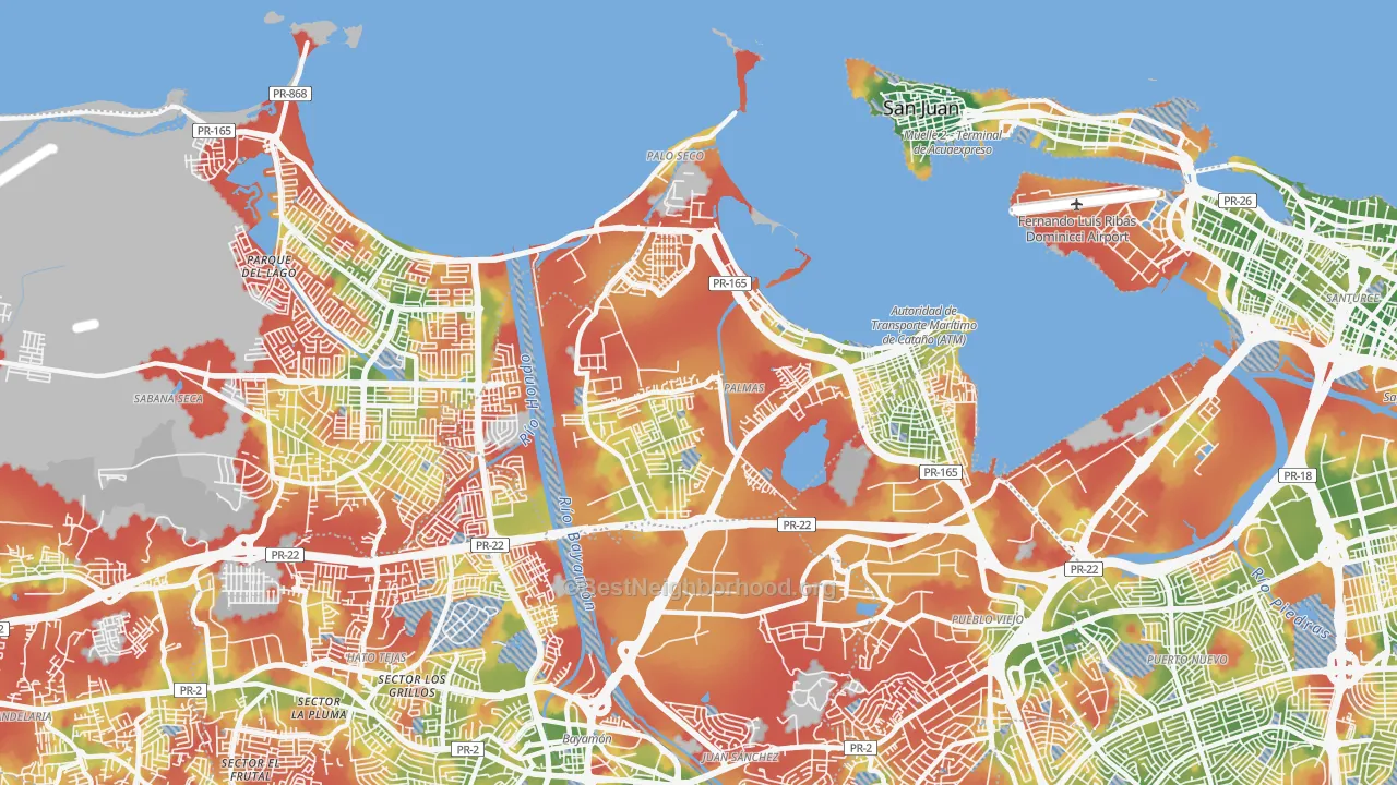 Walk Grade map of Catano Municipio, PR, walkable areas in green and car-dependent areas in red