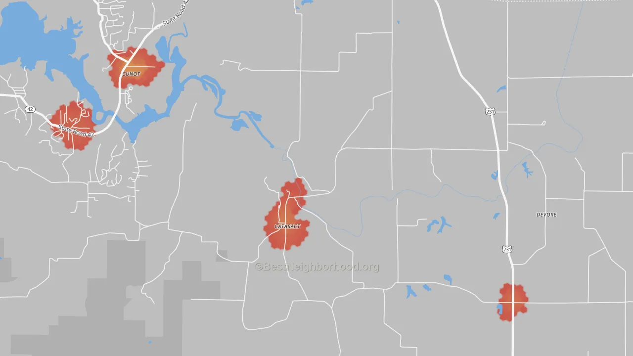 Walk Grade map of Cataract, IN, walkable areas in green and car-dependent areas in red