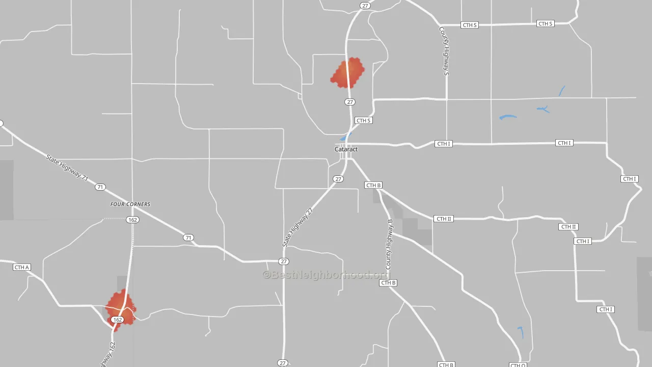 Walk Grade map of Cataract, WI, walkable areas in green and car-dependent areas in red