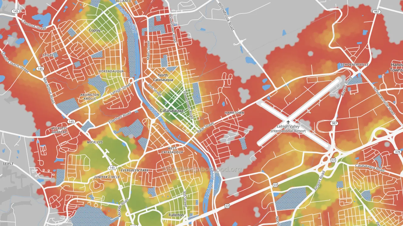 Walk Grade map of Catasauqua, PA, walkable areas in green and car-dependent areas in red