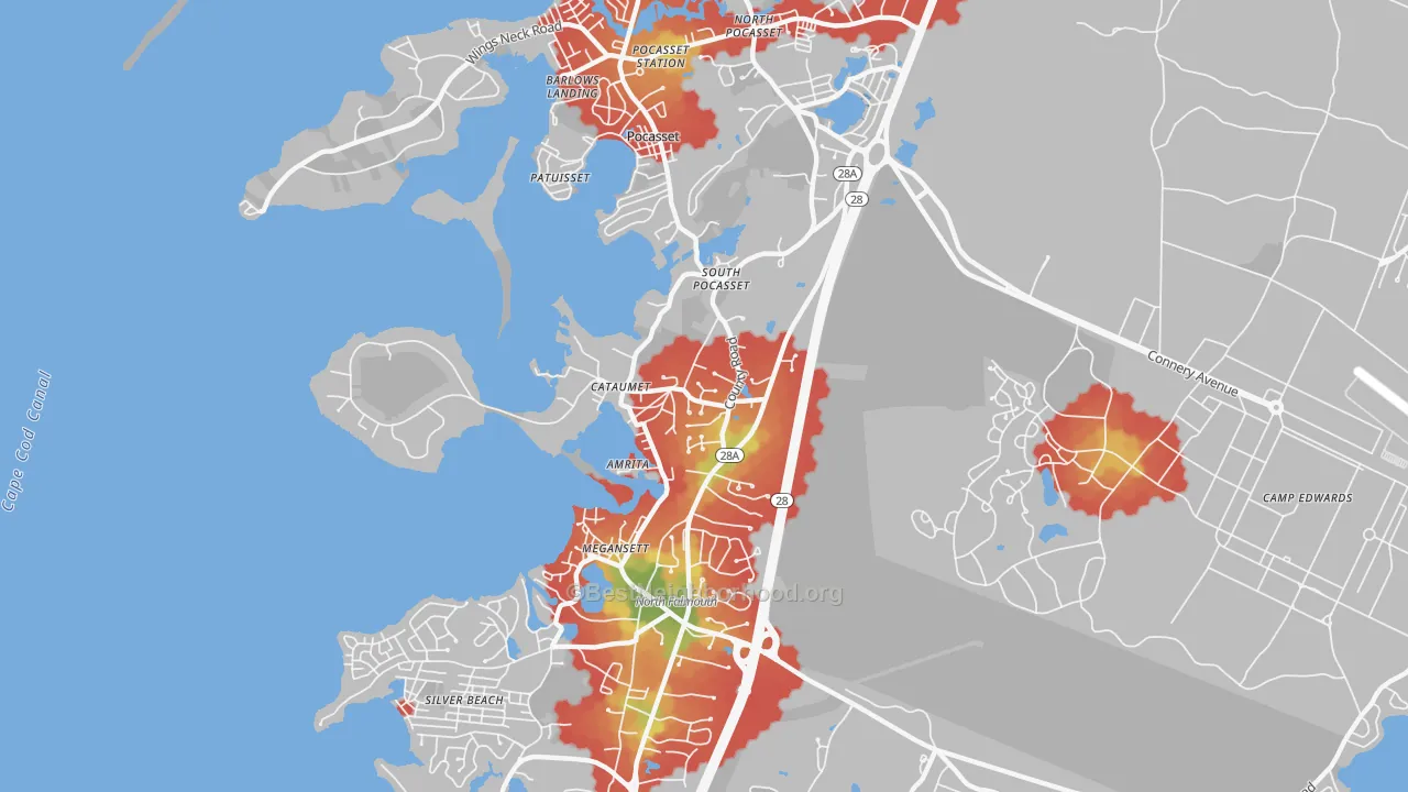 Walk Grade map of Cataumet, MA, walkable areas in green and car-dependent areas in red