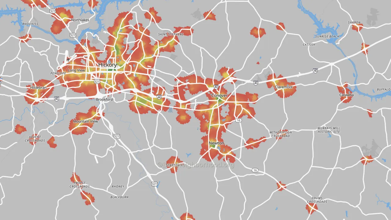 Walk Grade map of Catawba County, NC, walkable areas in green and car-dependent areas in red