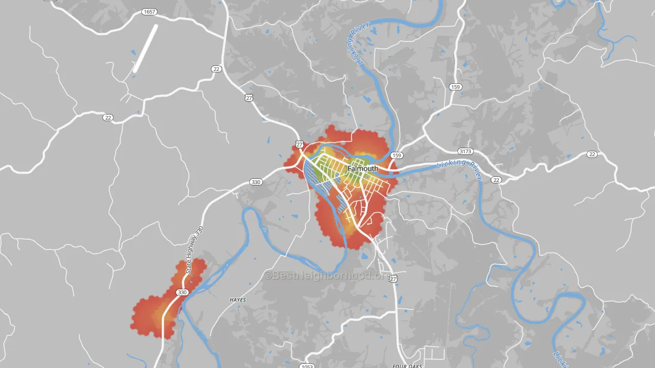Walk Grade map of Catawba, KY, walkable areas in green and car-dependent areas in red