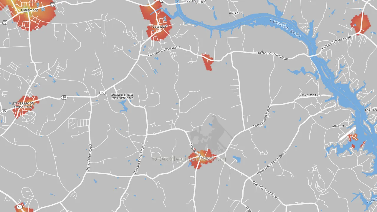 Walk Grade map of Catawba, NC, walkable areas in green and car-dependent areas in red