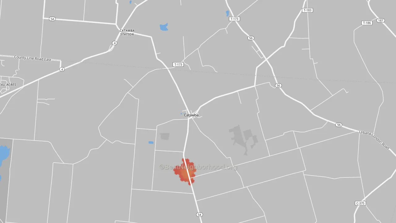 Walk Grade map of Catawba, OH, walkable areas in green and car-dependent areas in red