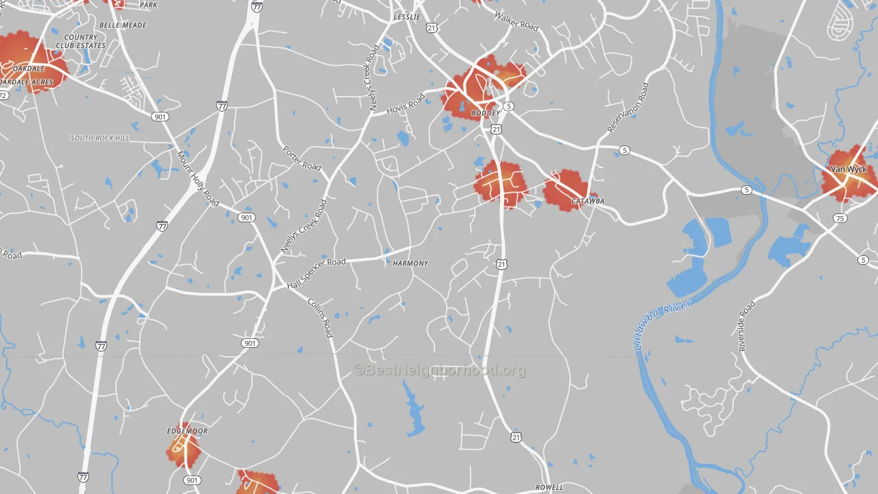 Walk Grade map of Catawba, SC, walkable areas in green and car-dependent areas in red