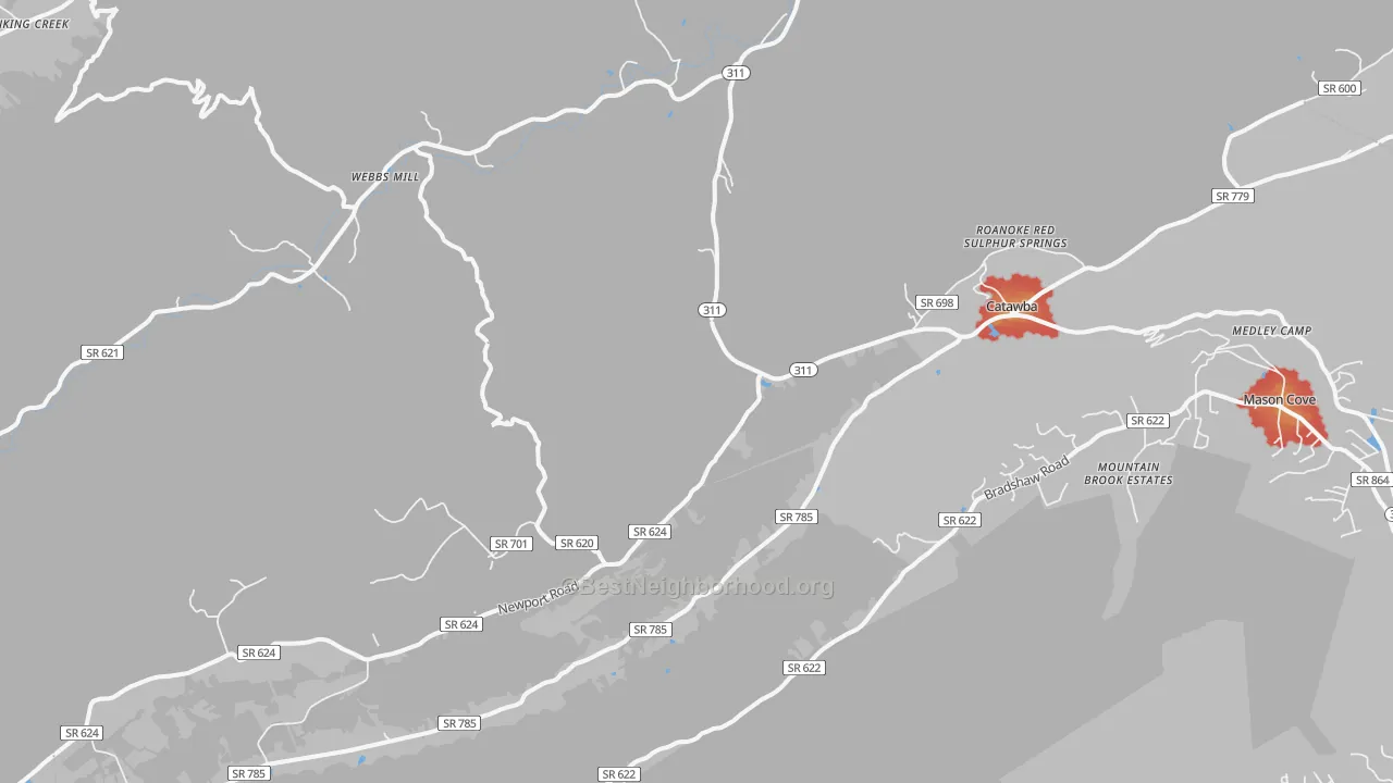 Walk Grade map of Catawba, VA, walkable areas in green and car-dependent areas in red