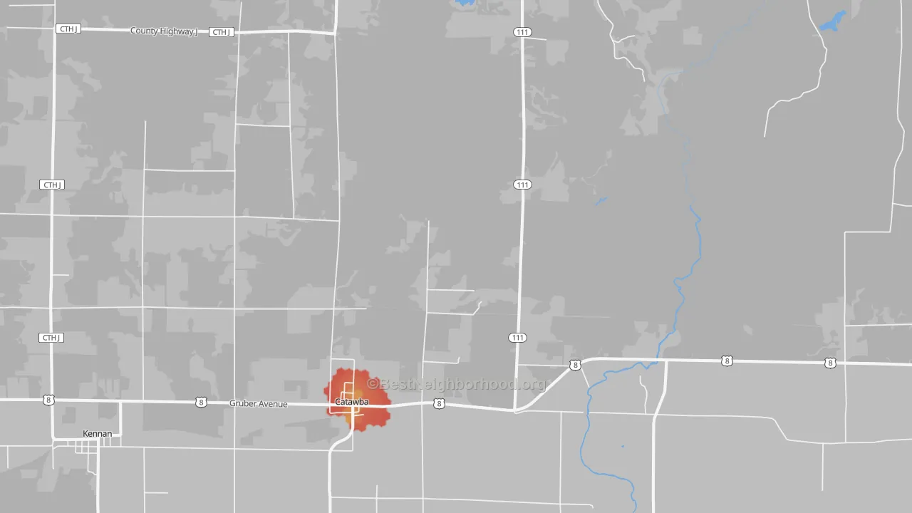 Walk Grade map of Catawba, WI, walkable areas in green and car-dependent areas in red