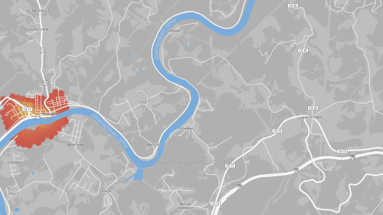 Walk Grade map of Catawba, WV, walkable areas in green and car-dependent areas in red