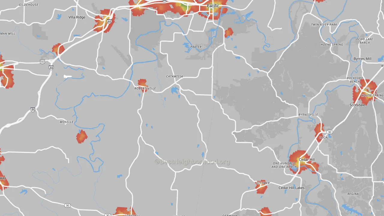 Walk Grade map of Catawissa, MO, walkable areas in green and car-dependent areas in red