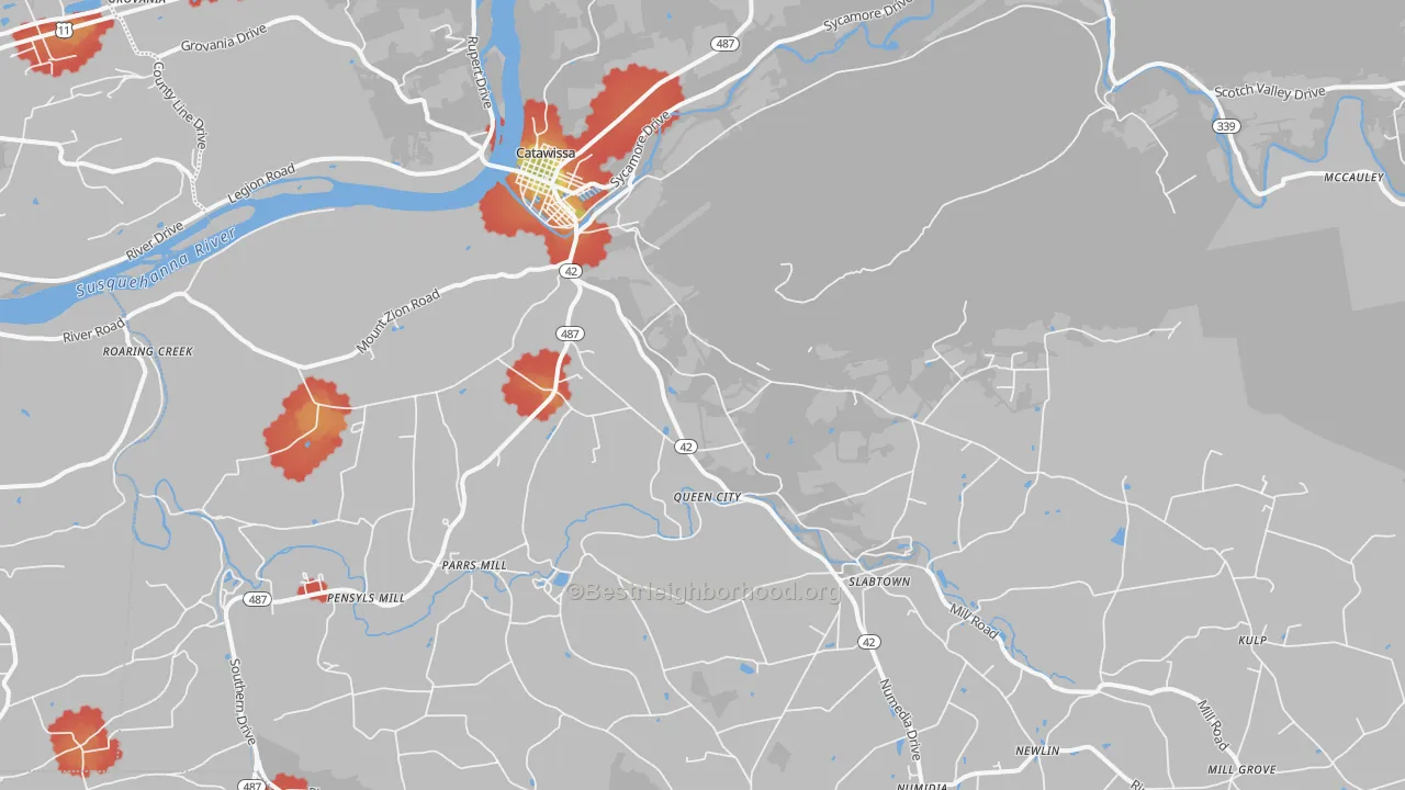 Walk Grade map of Catawissa, PA, walkable areas in green and car-dependent areas in red