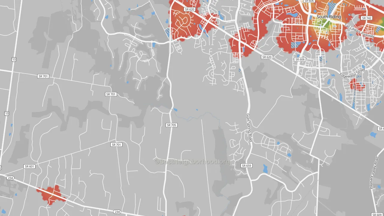 Walk Grade map of Catharpin, VA, walkable areas in green and car-dependent areas in red