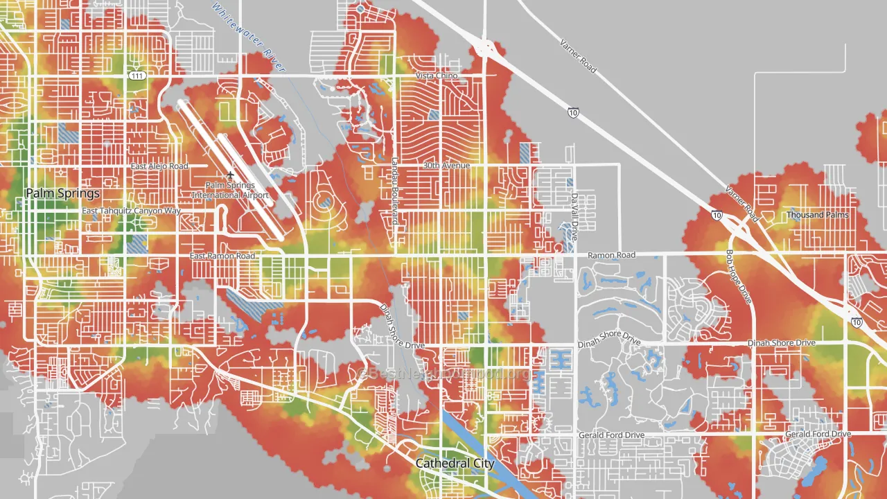 Walk Grade map of Cathedral City, CA, walkable areas in green and car-dependent areas in red