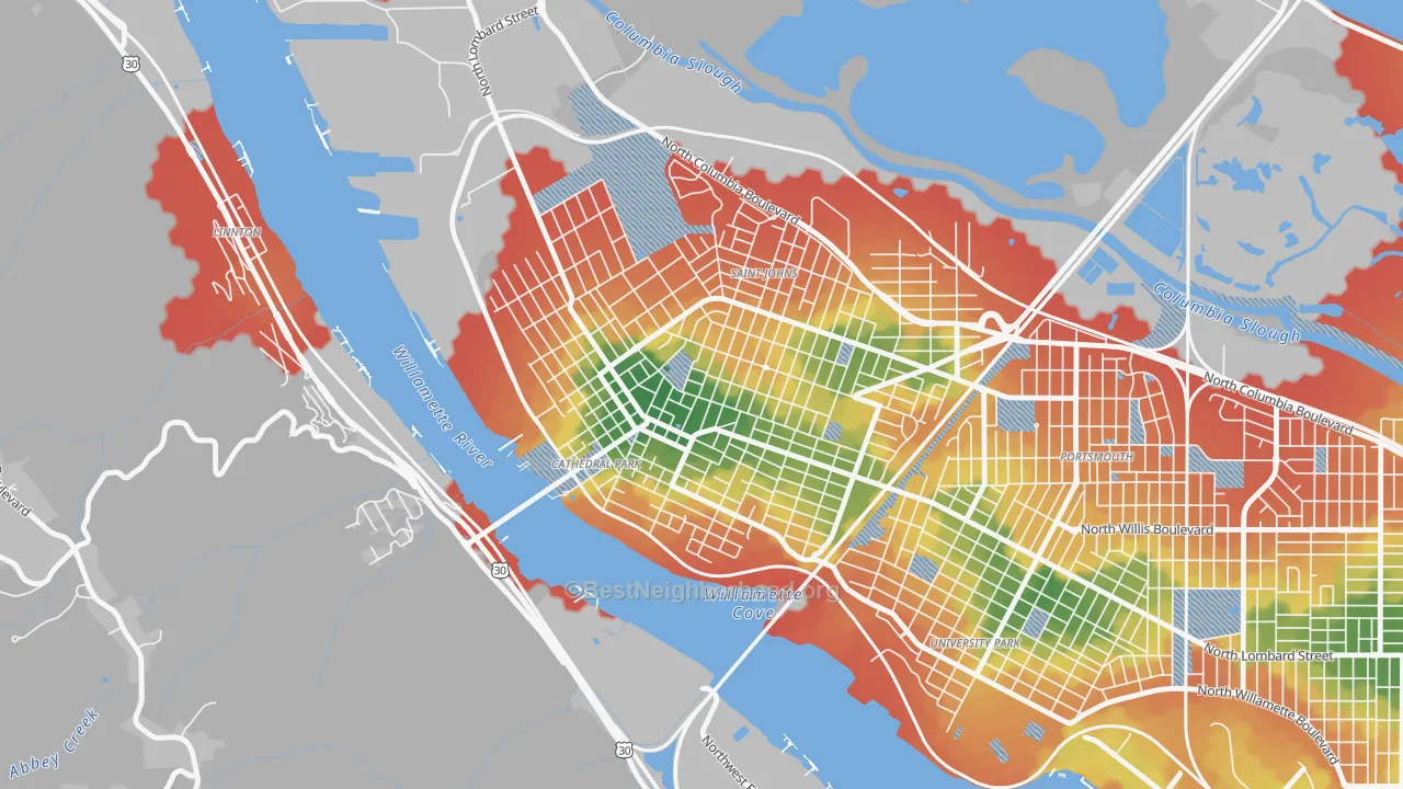 Walk Grade map of Cathedral Park, Portland, OR, walkable areas in green and car-dependent areas in red