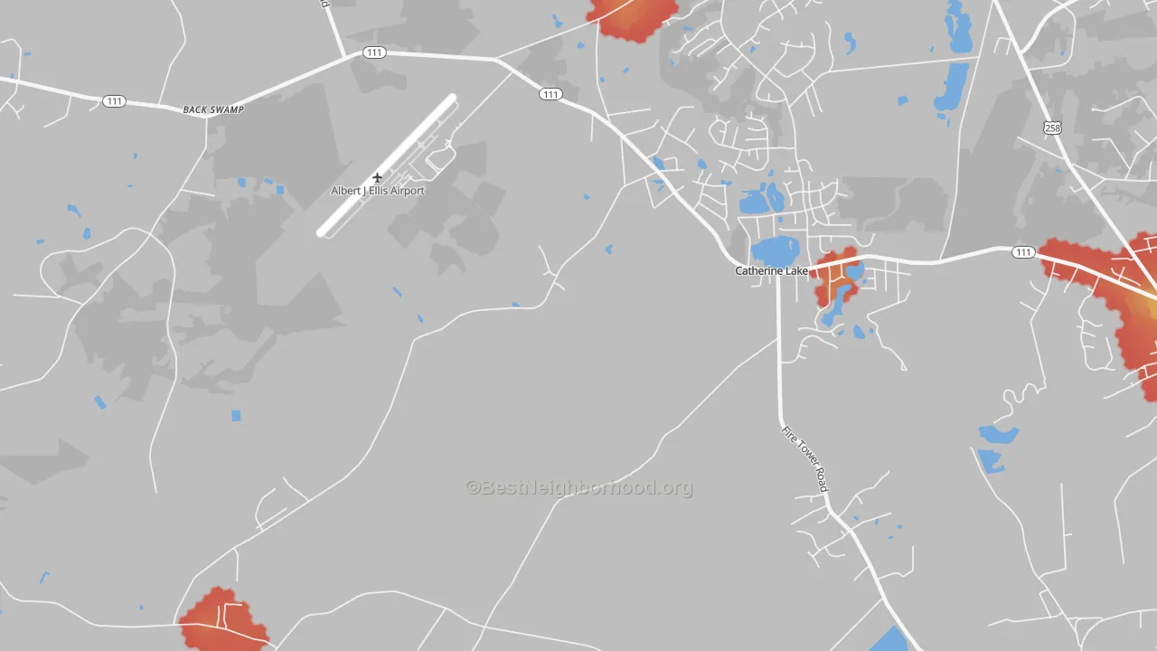 Walk Grade map of Catherine Lake, NC, walkable areas in green and car-dependent areas in red