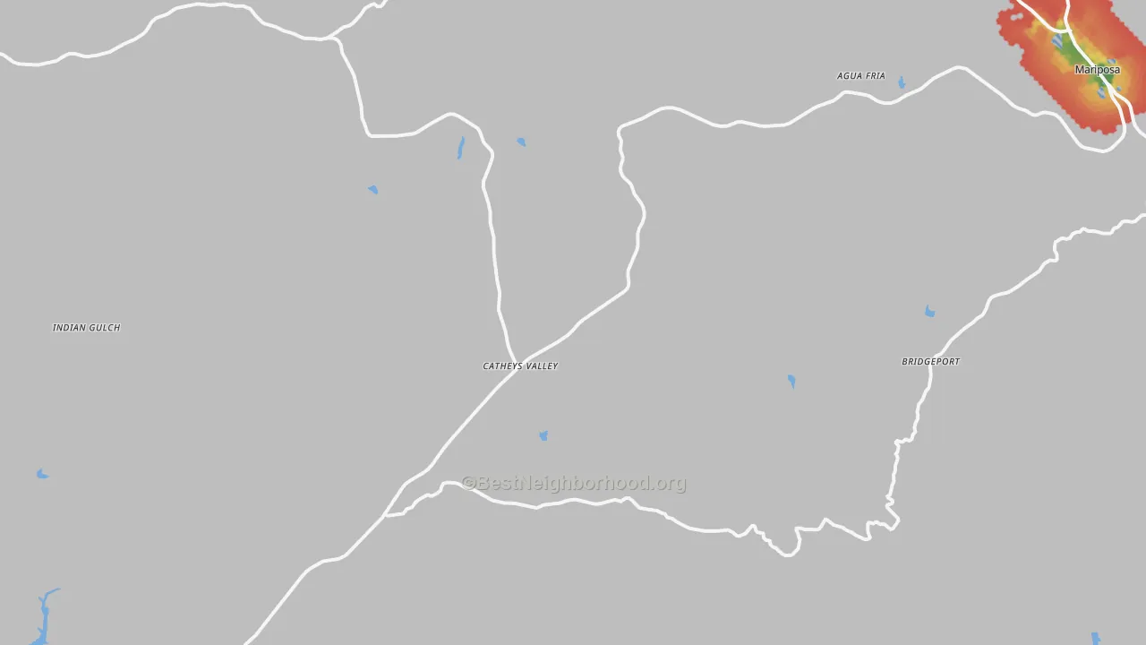 Walk Grade map of Catheys Valley, CA, walkable areas in green and car-dependent areas in red