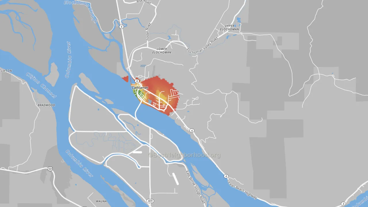 Walk Grade map of Cathlamet, WA, walkable areas in green and car-dependent areas in red