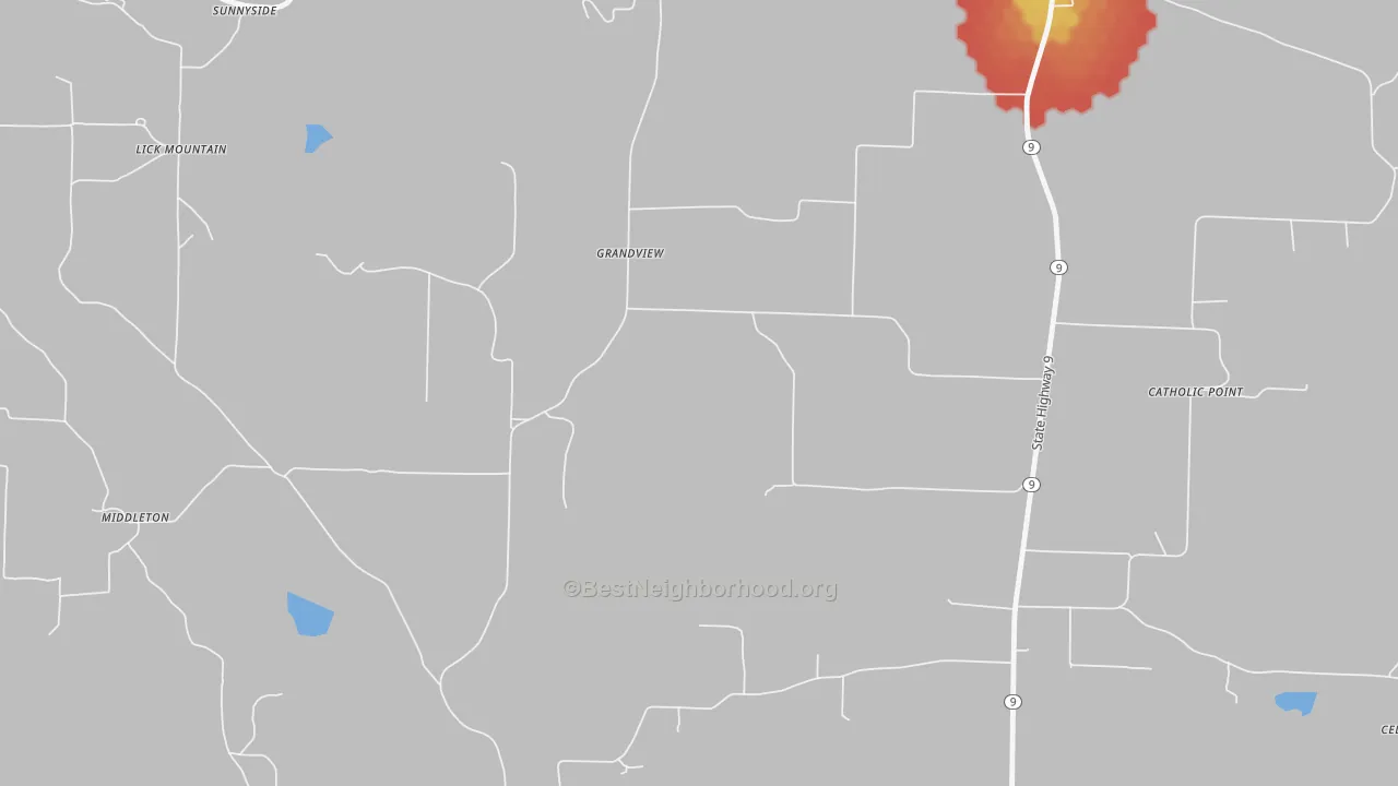 Walk Grade map of Catholic Point, AR, walkable areas in green and car-dependent areas in red
