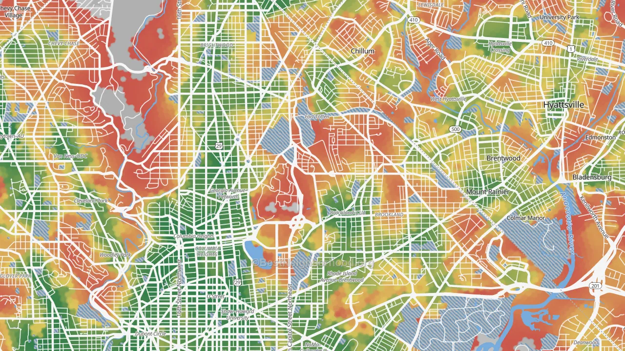 Walk Grade map of Catholic University-Brookland, Washington, DC, walkable areas in green and car-dependent areas in red
