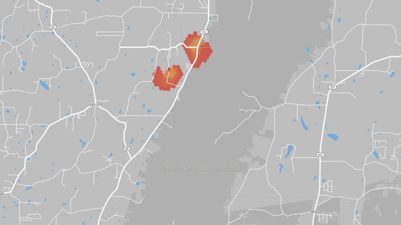Walk Grade map of Catlett, GA, walkable areas in green and car-dependent areas in red