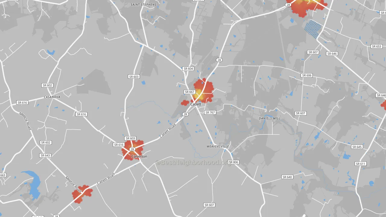 Walk Grade map of Catlett, VA, walkable areas in green and car-dependent areas in red