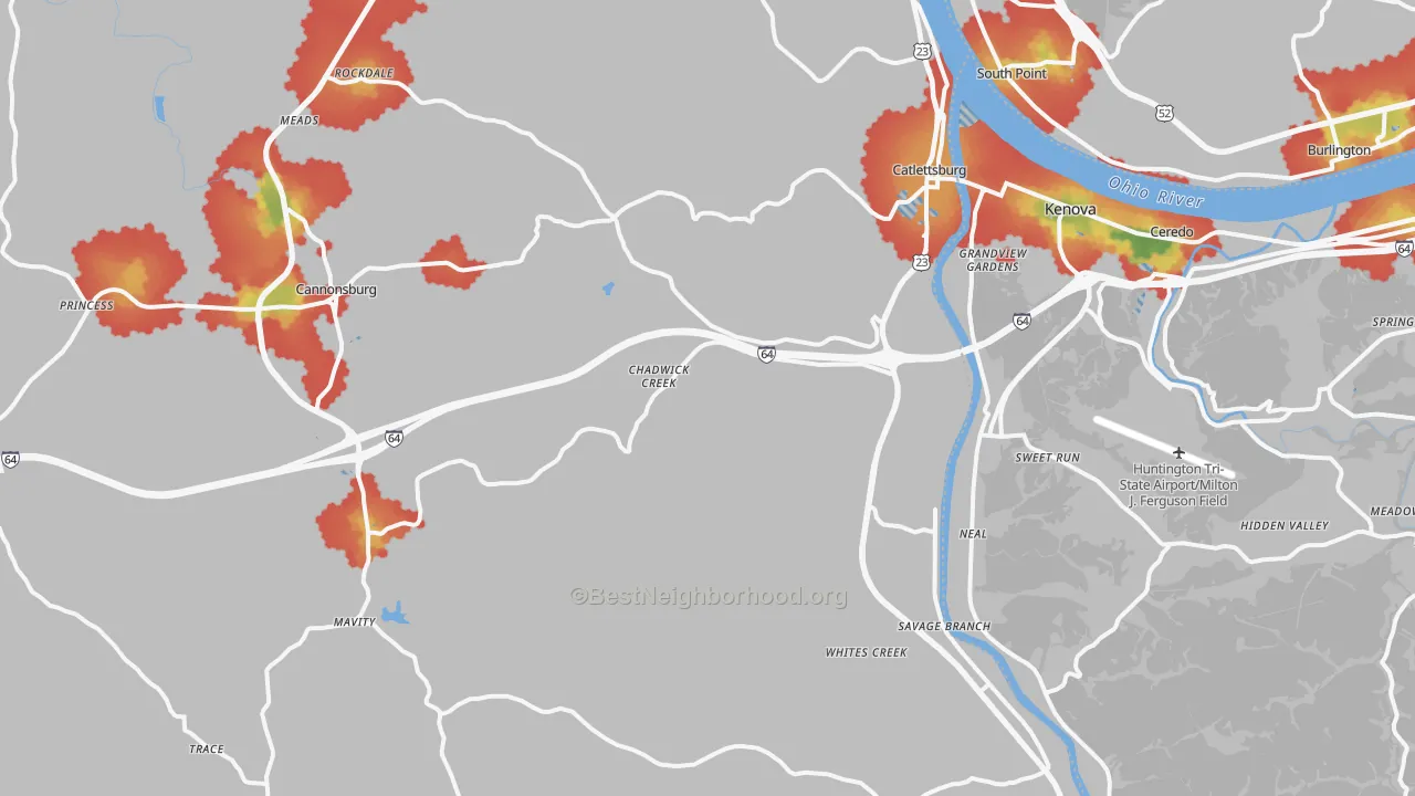 Walk Grade map of Catlettsburg, KY, walkable areas in green and car-dependent areas in red