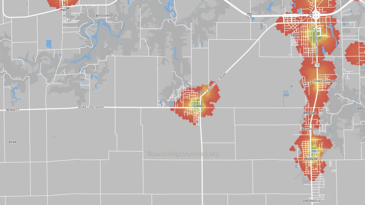 Walk Grade map of Catlin, IL, walkable areas in green and car-dependent areas in red