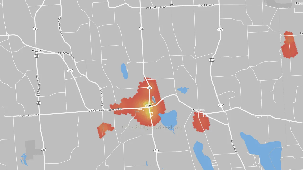 Walk Grade map of Cato, NY, walkable areas in green and car-dependent areas in red