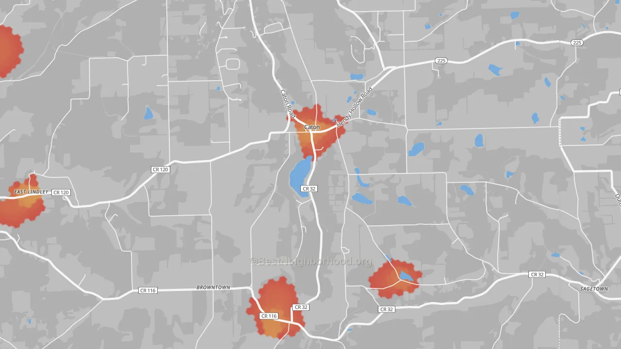 Walk Grade map of Caton, NY, walkable areas in green and car-dependent areas in red