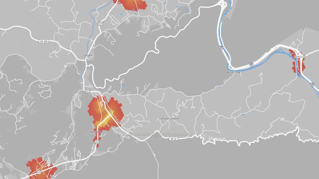 Walk Grade map of Catons Grove, TN, walkable areas in green and car-dependent areas in red