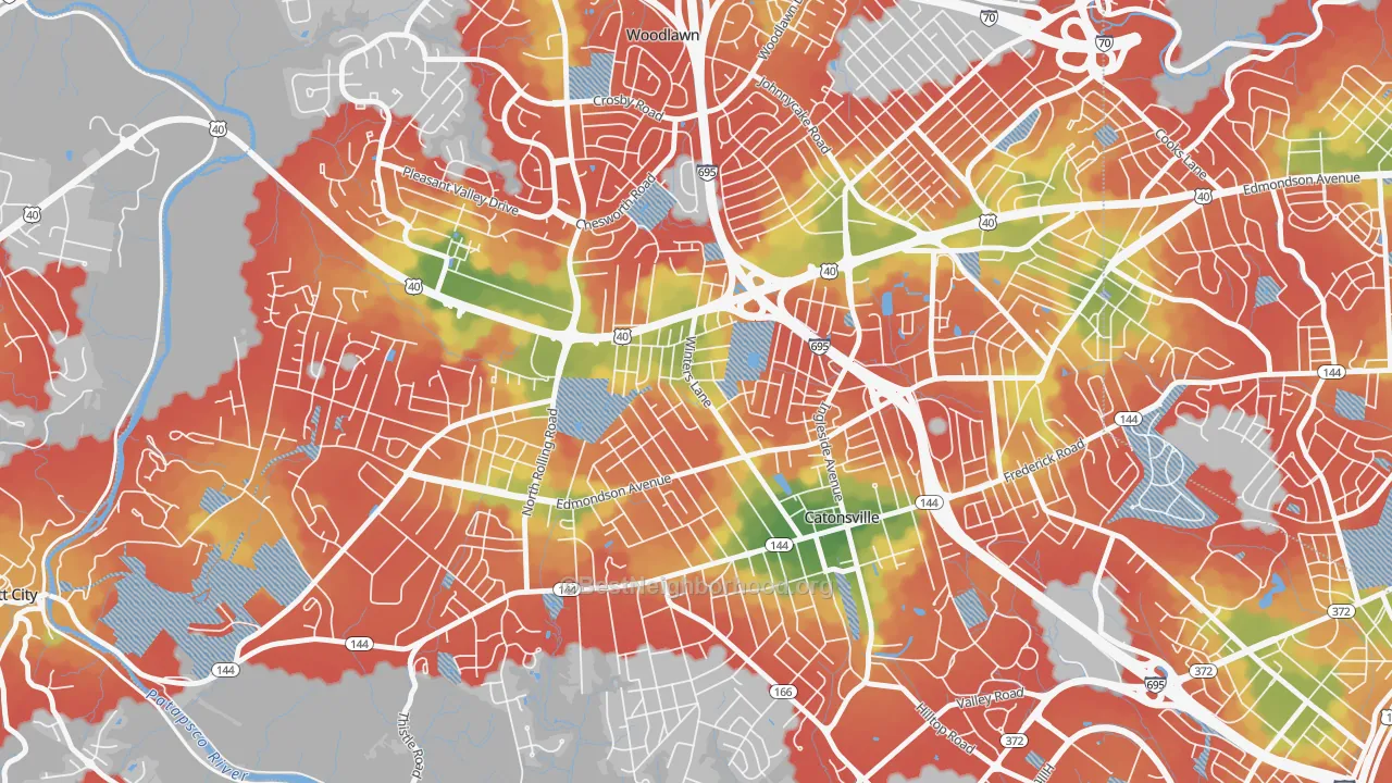 Walk Grade map of Catonsville Heights, Catonsville, MD, walkable areas in green and car-dependent areas in red