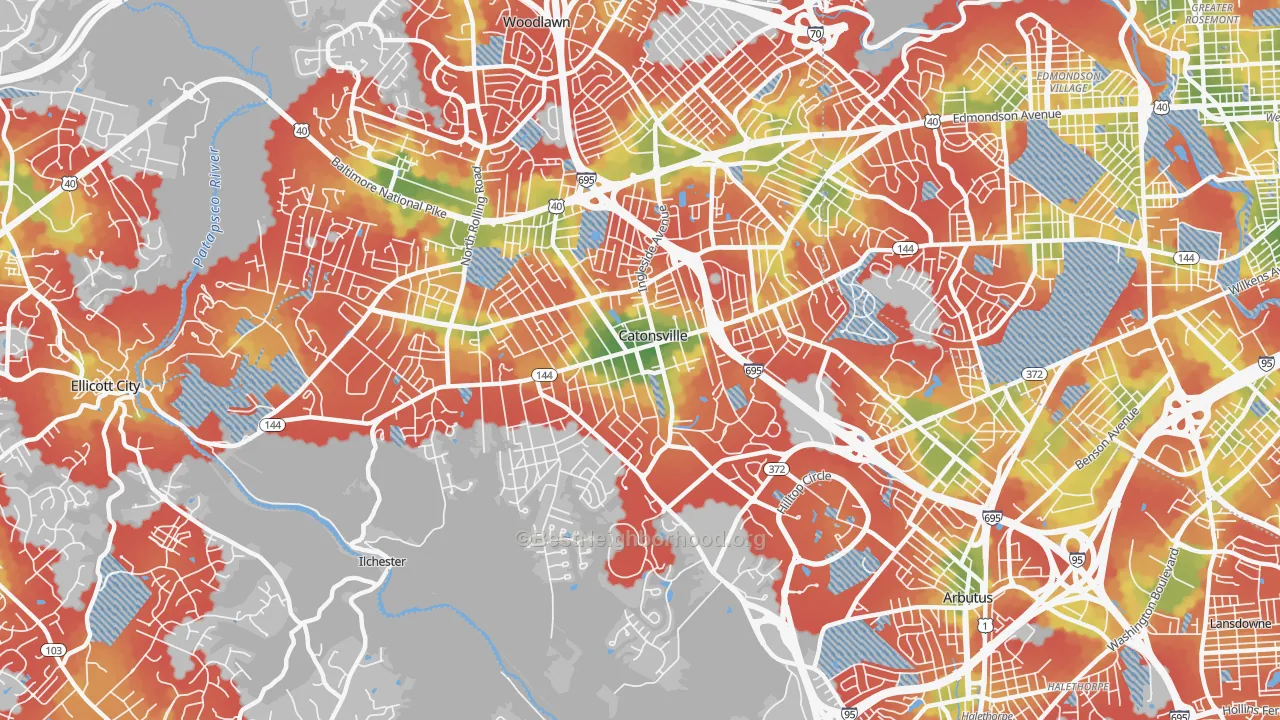 Walk Grade map of Catonsville, MD, walkable areas in green and car-dependent areas in red