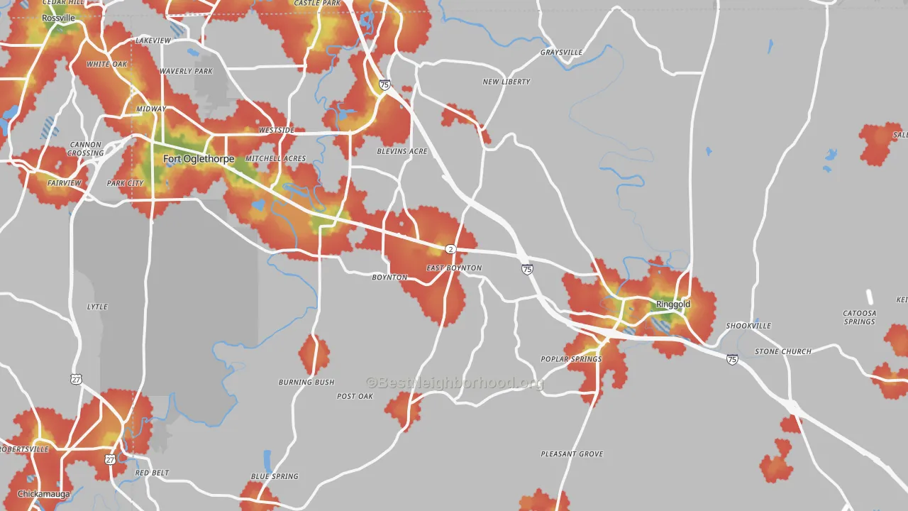 Walk Grade map of Catoosa County, GA, walkable areas in green and car-dependent areas in red