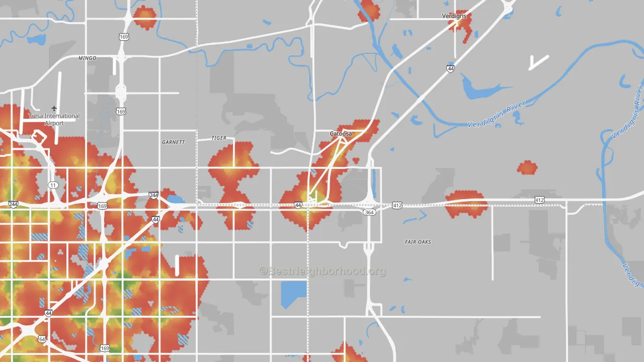 Walk Grade map of Catoosa, OK, walkable areas in green and car-dependent areas in red