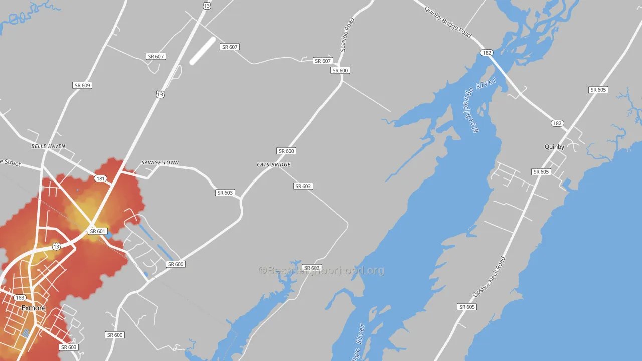 Walk Grade map of Cats Bridge, VA, walkable areas in green and car-dependent areas in red