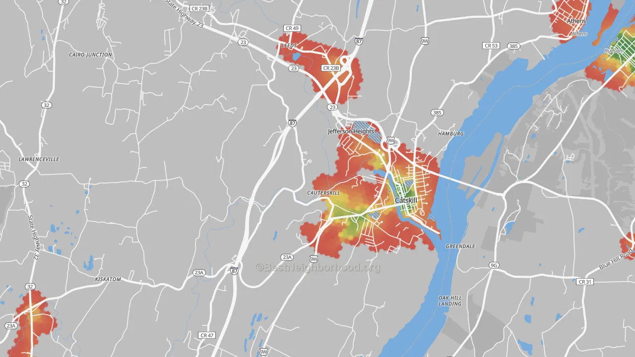Walk Grade map of Catskill, NY, walkable areas in green and car-dependent areas in red
